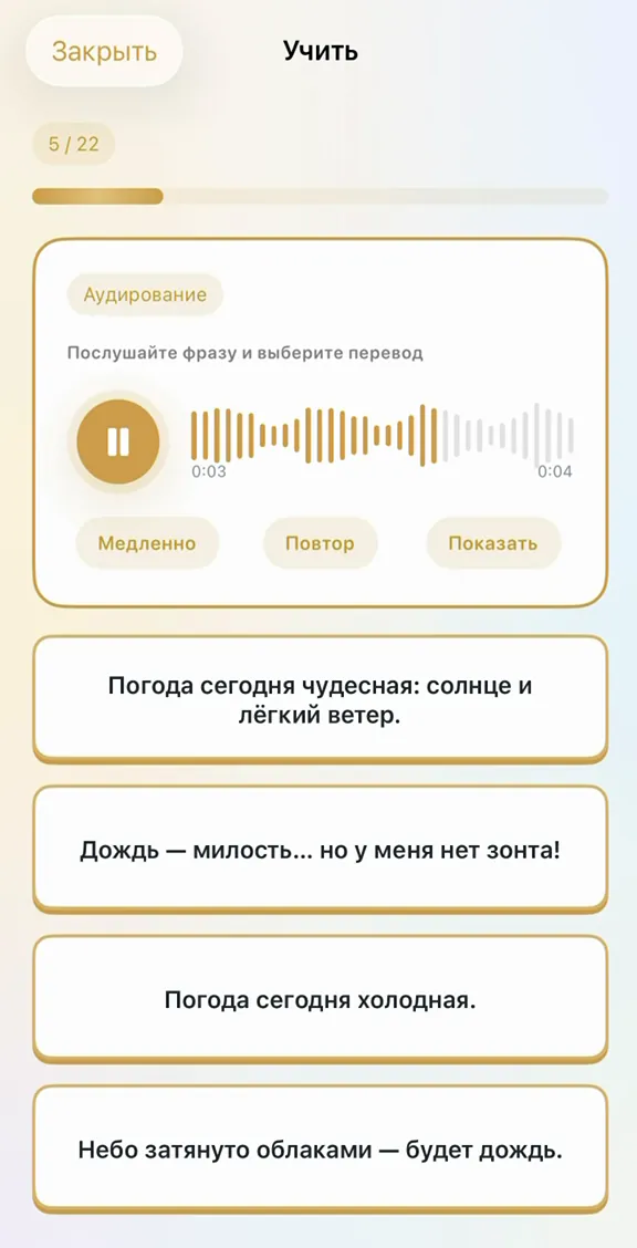 Упражнение «Аудирование»: волна звука и четыре варианта перевода